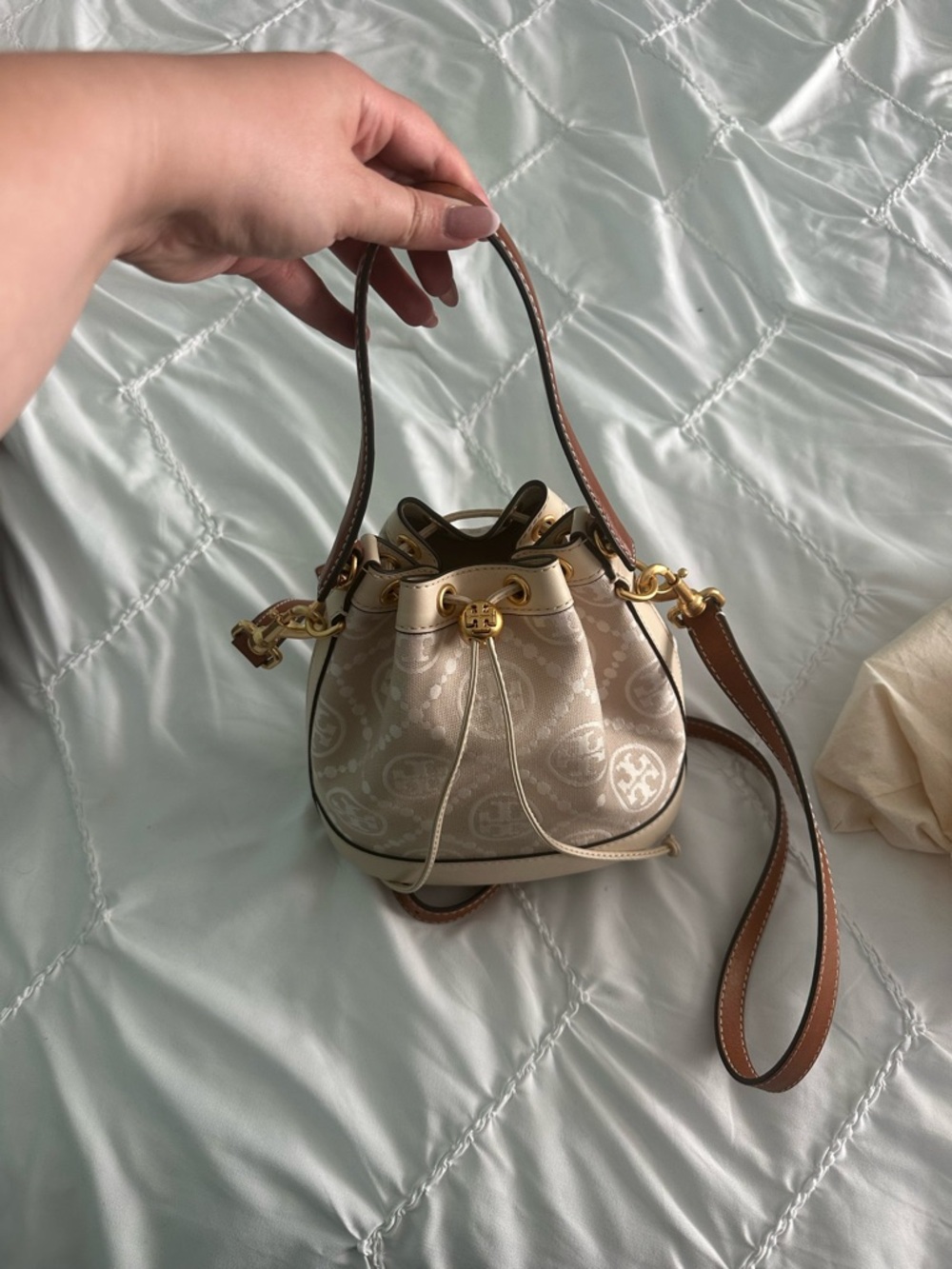 Tory Burch Neutral Beige Mini Drawstring Bucket Bag with Brown Strap